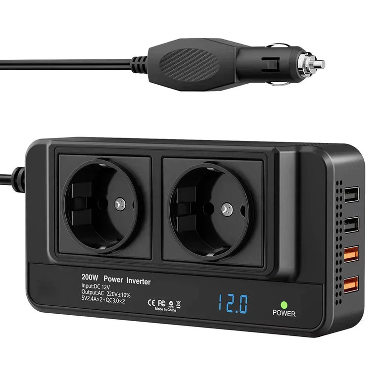 PowerDrive 200W car power inverter with two AC sockets and four USB ports