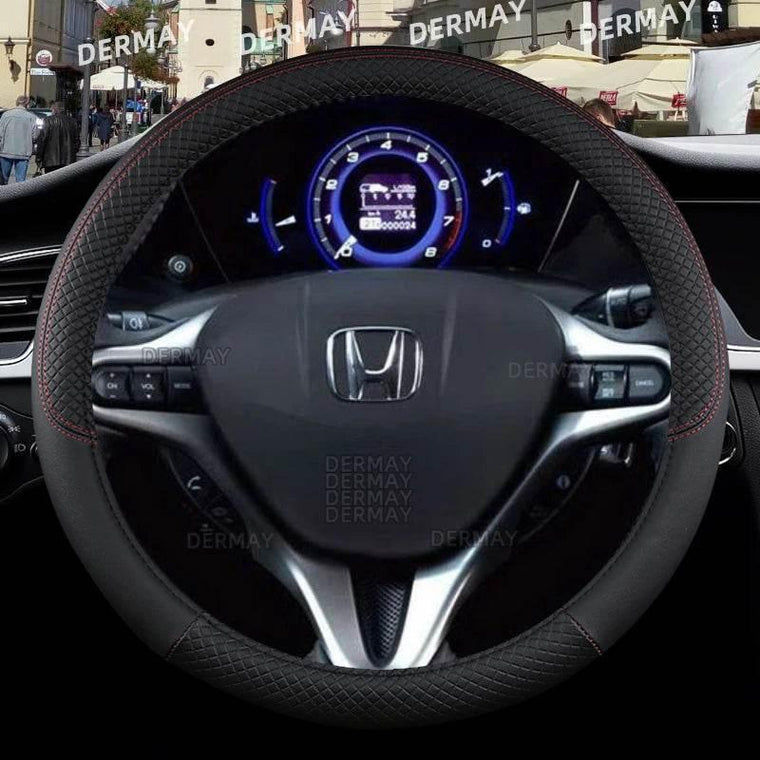 Honda Civic leather steering wheel cover fitted in a Honda cabin