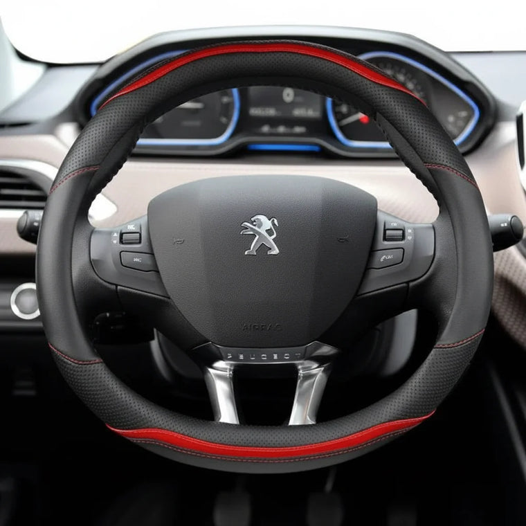 Peugeot carbon fibre and leather steering wheel cover, part of the French car accessories range