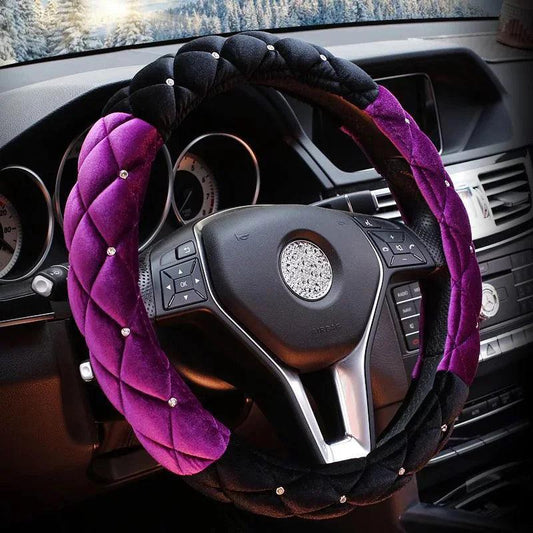 Diamond Crown Plush Steering Wheel Cover Winter Fur Auto Accessory