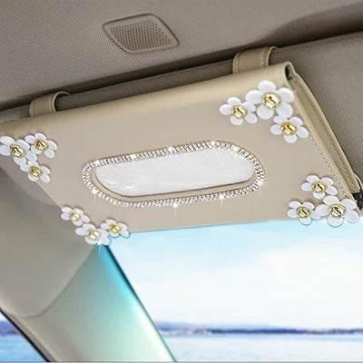 Luxury Crystal Car Tissue Box with Chrysanthemum – Sun Visor Mount - Beige