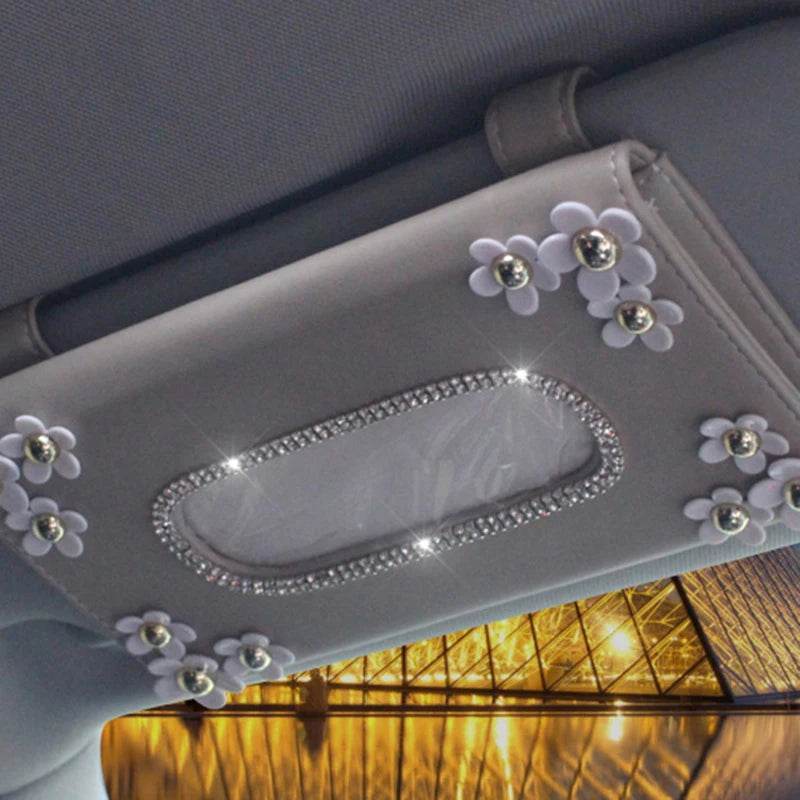 Luxury Crystal Car Tissue Box with Chrysanthemum – Sun Visor Mount - Black