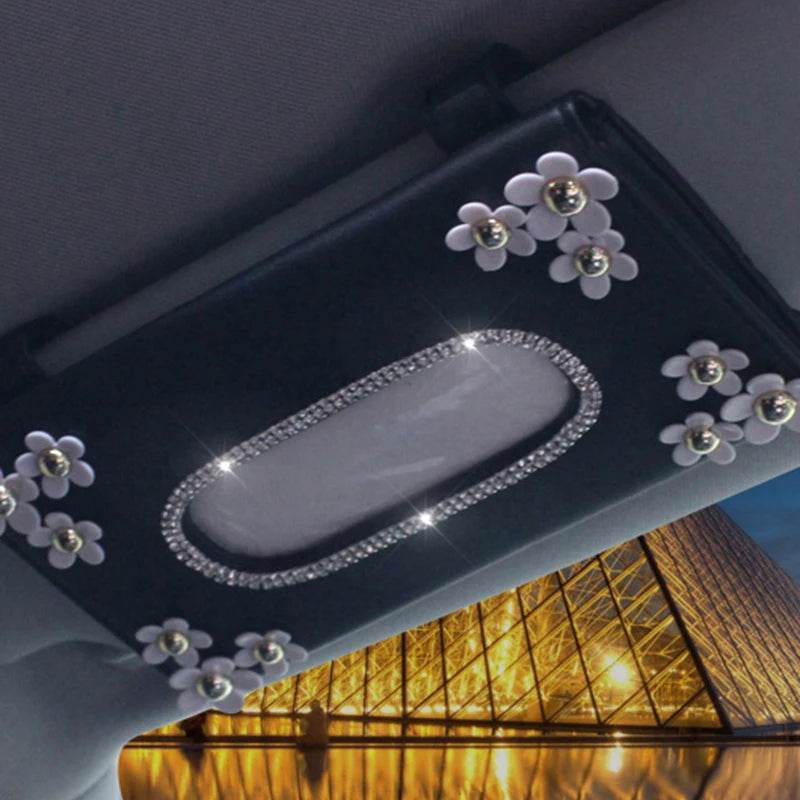 Luxury Crystal Car Tissue Box with Chrysanthemum – Sun Visor Mount - Black
