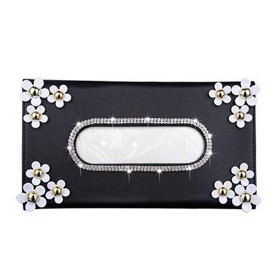 Luxury Crystal Car Tissue Box with Chrysanthemum – Sun Visor Mount - Black