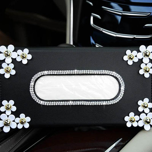 Luxury Crystal Car Tissue Box with Chrysanthemum – Sun Visor Mount - Black