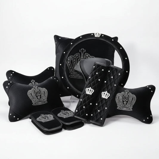Black Plush Fur Diamond Crystal Crown Car Interior Accessory Set