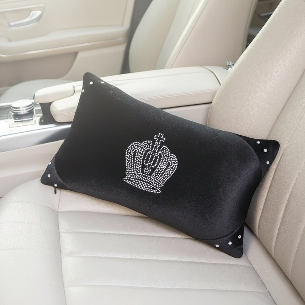 Black Plush Fur Diamond Crystal Crown Car Interior Accessory Set - waist pillow 1pc
