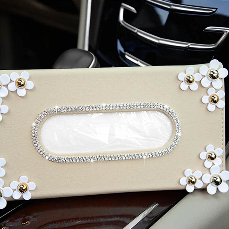 Luxury Crystal Car Tissue Box with Chrysanthemum – Sun Visor Mount - Black