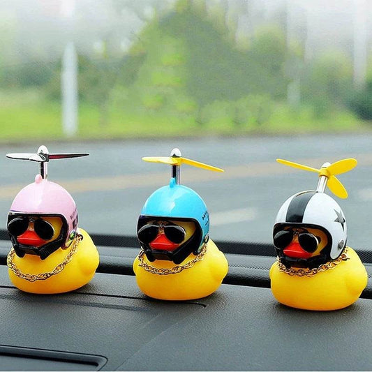 Yellow Car Duck with Helmet – Cute Broken Wind Pendant for Bike & Car Decoration - Type1