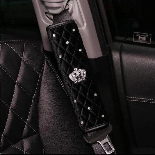 Bling Rhinestone Crown Car Seat Belt Covers - Black Pink Crystal Plush