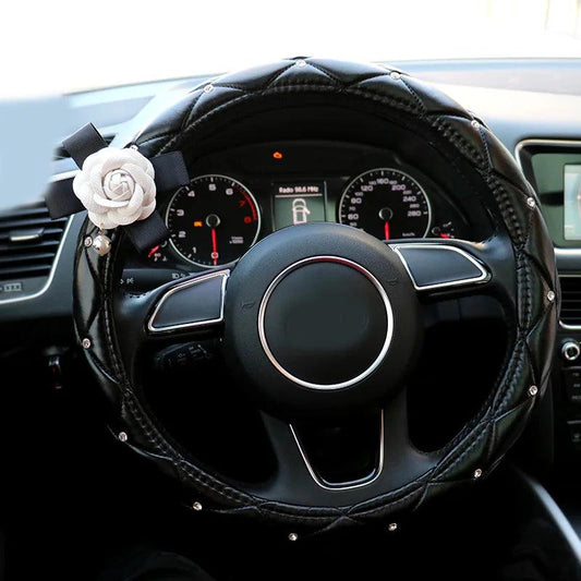 Crystal Rhinestone Leather Steering Wheel Cover Cartoon Flower Design