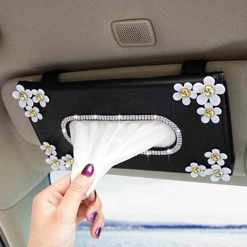 Luxury Crystal Car Tissue Box with Chrysanthemum – Sun Visor Mount - Black