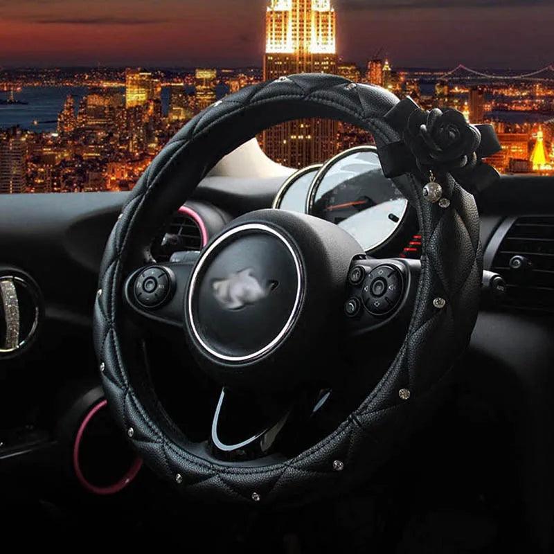 Crystal Rhinestone Leather Steering Wheel Cover Cartoon Flower Design
