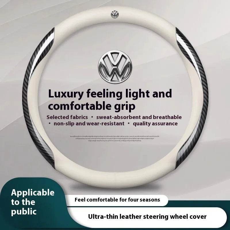 Volkswagen Carbon Fiber Leather Steering Wheel Cover - O carbon fiber White