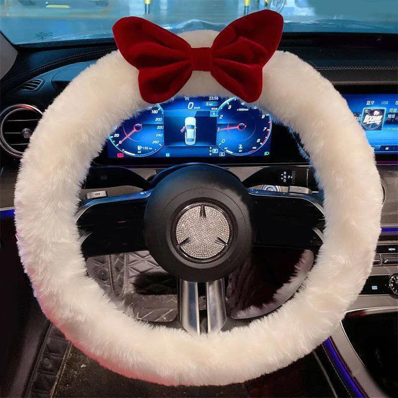Universal Plush Car Steering Wheel Cover Red Bow Cute Cartoon