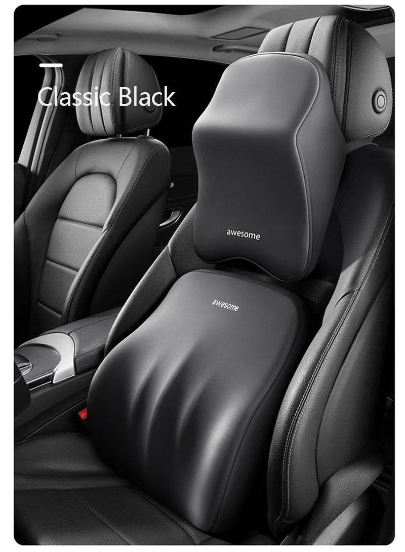 Ergonomic Car Lumbar & Neck Support Pillow Set – Memory Foam Cushion for Back & Headrest - Black Set