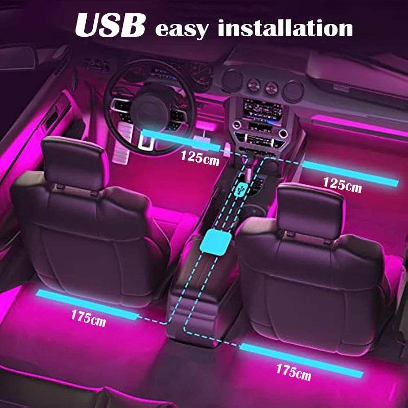 LED Car Interior Music Light Strip – 48 RGB LEDs, USB, Bluetooth APP Control - USB Power