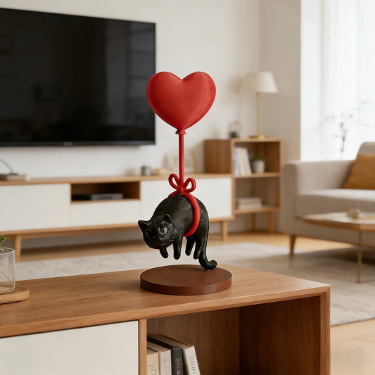 Floating Cat Statue With Heart Balloon Desk Ornament Gift