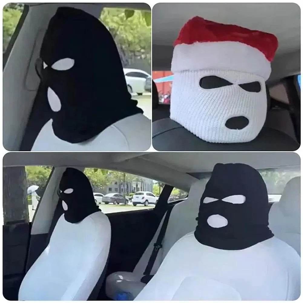 3-Hole Funny Car Seat Headrest Cover – Full Face Ski Mask Design - White