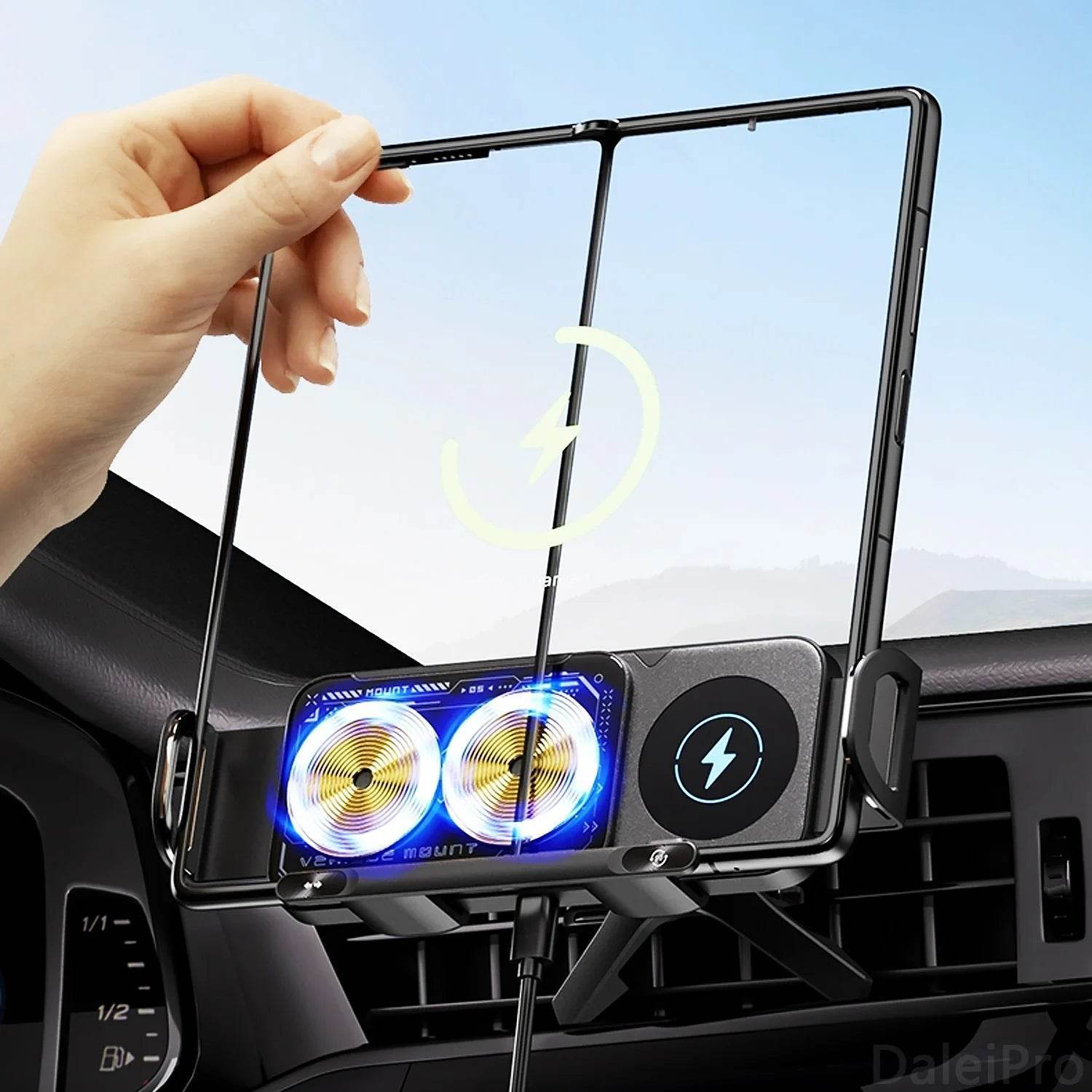 Foldable Phone Wireless Charging Holder – Auto-Clamp, 360° Rotation -