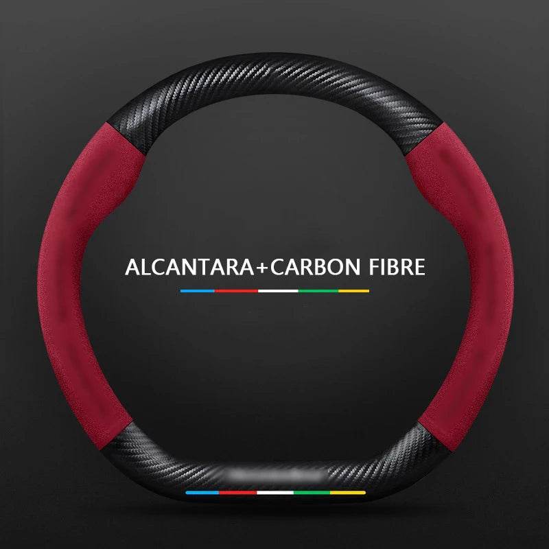 Mercedes Benz Carbon Fiber Leather Car Steering Wheel Cover - D Red