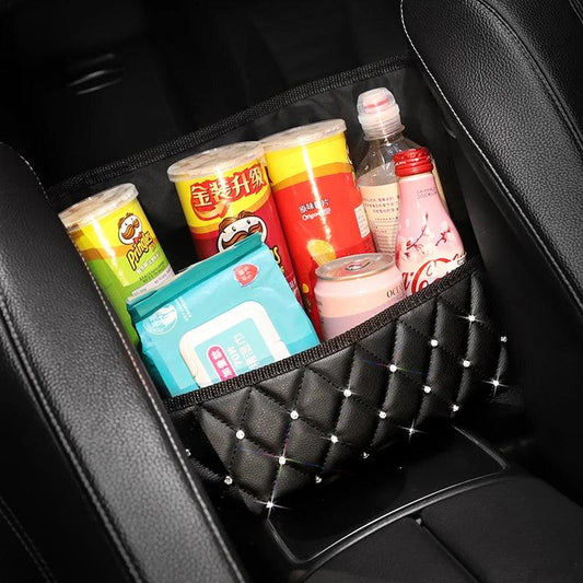 Rhinestone Diamond Leather Car Seat Back Storage Bag Crown Bling