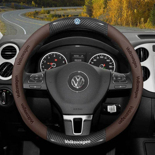 Volkswagen Suede Breathable Carbon Fiber Leather Steering Wheel Cover - O-Carbon Brown