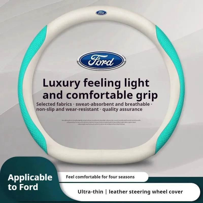 Ford Carbon Fiber Leather Steering Wheel Cover - D Cyan Style A