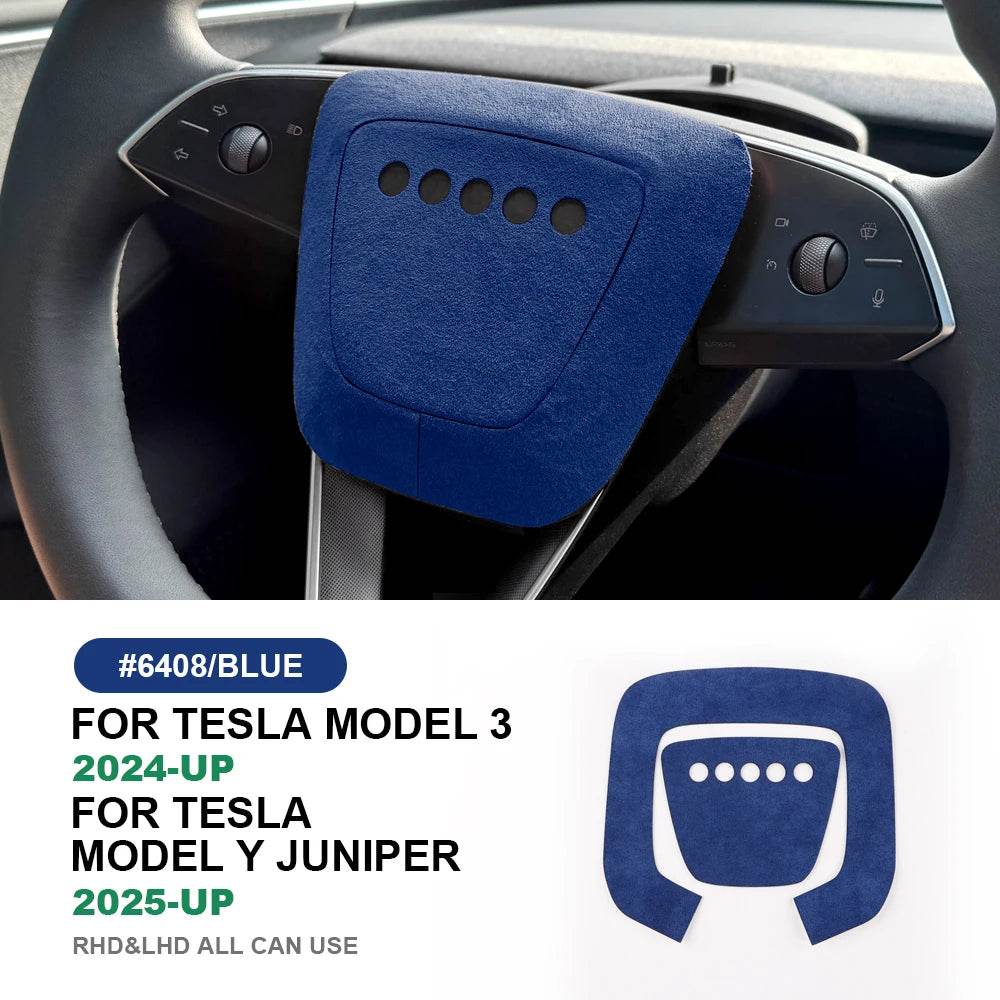 Tesla Model Y Steering Wheel Trim | Italian Suede Panel Stickers (2025+) - Blue Steering Wheel
