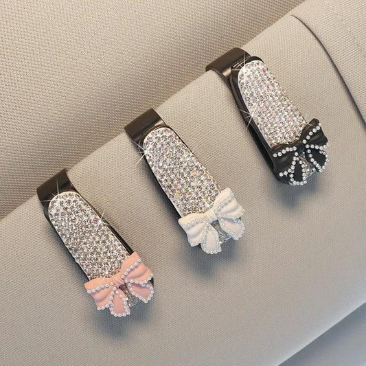 Rhinestone Bowknot Car Sunglasses Holder Visor Mount Clip