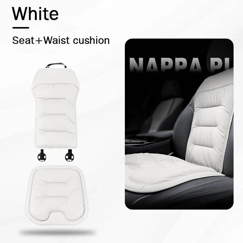 Car Seat Cushion – Leather, Waist Support, Four Seasons Protector - White Set