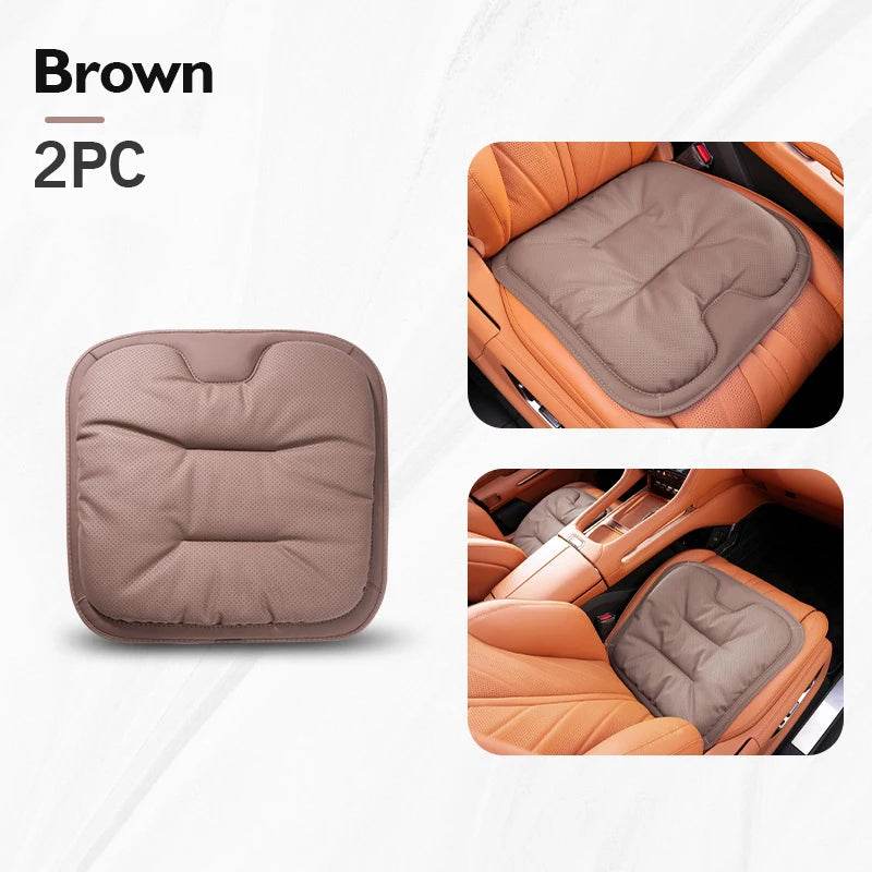 Car Seat Cushion – Leather, Waist Support, Four Seasons Protector - Brown Seat 2PC