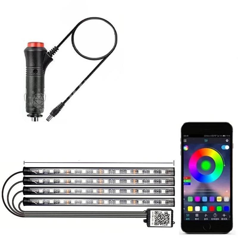 LED Car Interior Music Light Strip – 48 RGB LEDs, USB, Bluetooth APP Control - Cigarette lighter Power