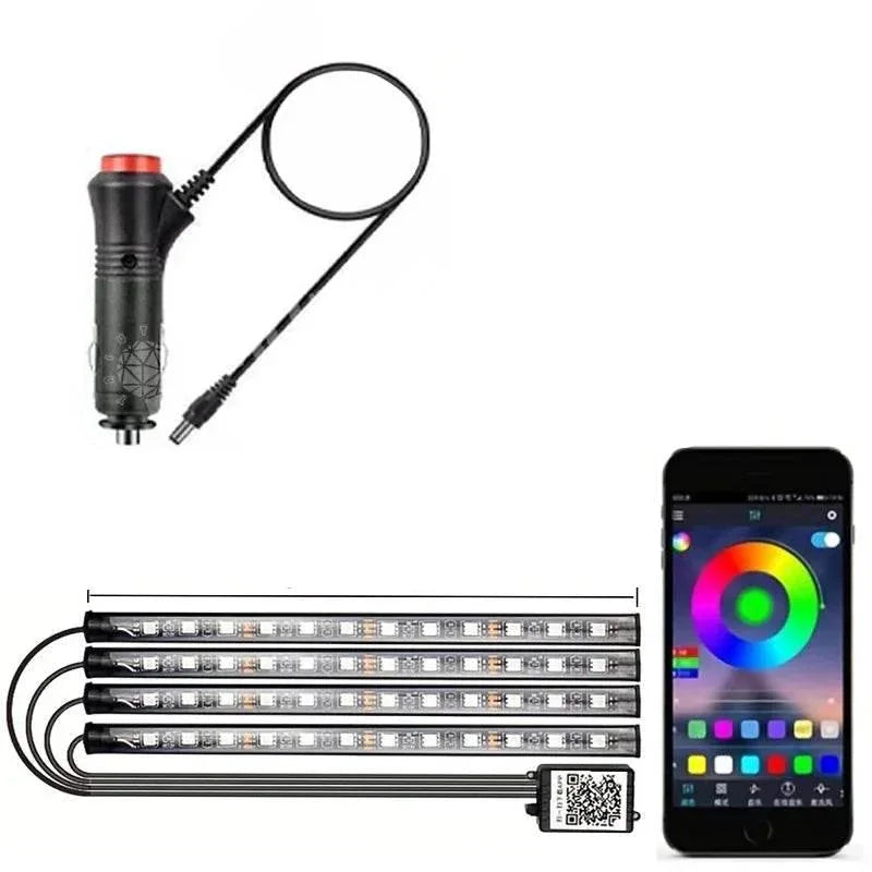 LED Car Interior Music Light Strip – 48 RGB LEDs, USB, Bluetooth APP Control - Cigarette lighter Power