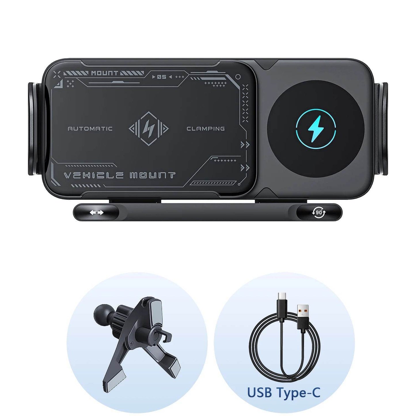 Foldable Phone Wireless Charging Holder – Auto-Clamp, 360° Rotation -