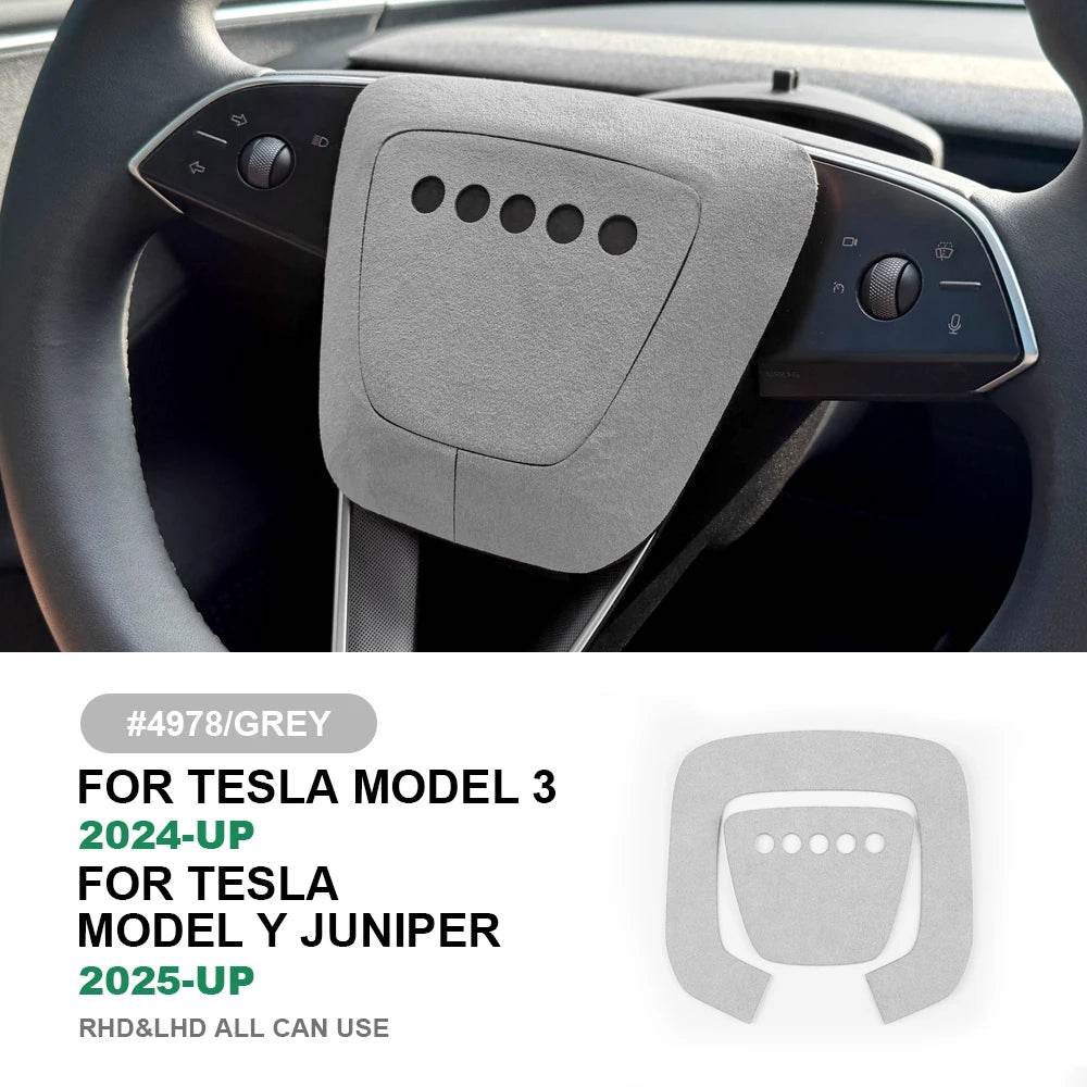 Tesla Model Y Steering Wheel Trim | Italian Suede Panel Stickers (2025+) - Silver Steering Wheel