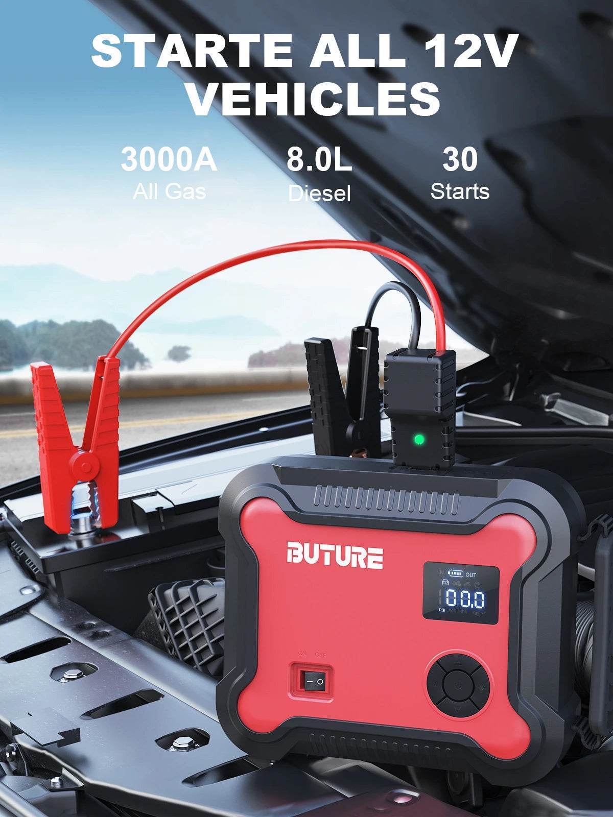 Buture 5-in-1 Car Jump Starter – 26800mAh Power Bank, Air Compressor, Digital Tire Inflator & 160W DC Output -