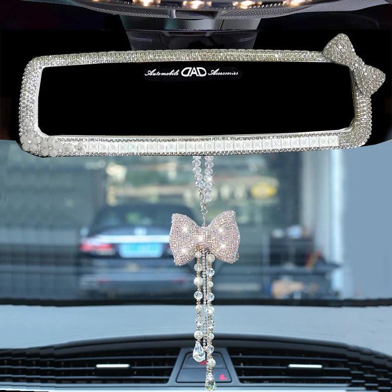 Rhinestone Bowknot Car Rear View Mirror Decor Crystal Diamond