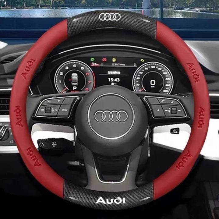 Audi Carbon Fiber Leather Steering Wheel Cover - O Carbon Red