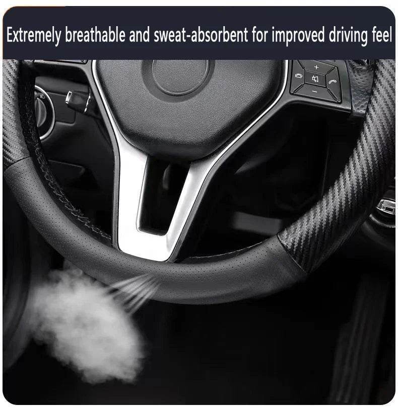 Carbon Fiber Leather Steering Wheel Cover with 3D Logo – Fits CS75 PLUS, CS95, CS35, Alsvin, CS15, CS55, Eado - Round