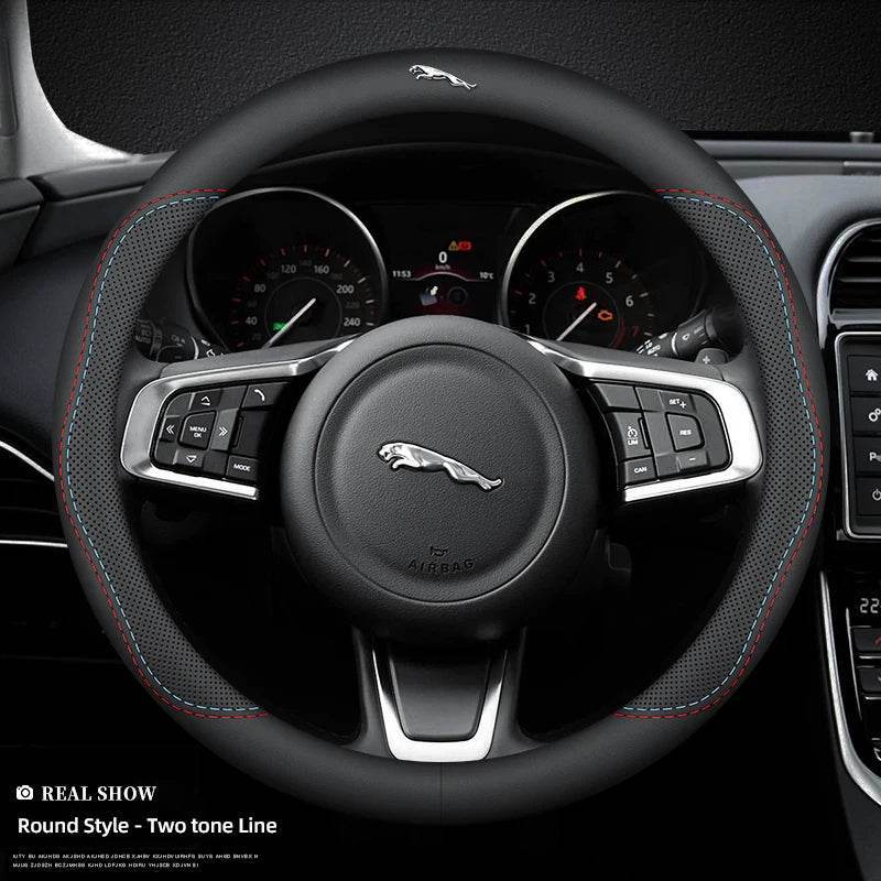 Jaguar Leather Steering Wheel Cover – Anti-Slip Interior Accessory Fits XF, XJ, XE, F-Pace, E-Pace, XFL, XJL, XKR, XJ6 & More - Round-Bicolor Line