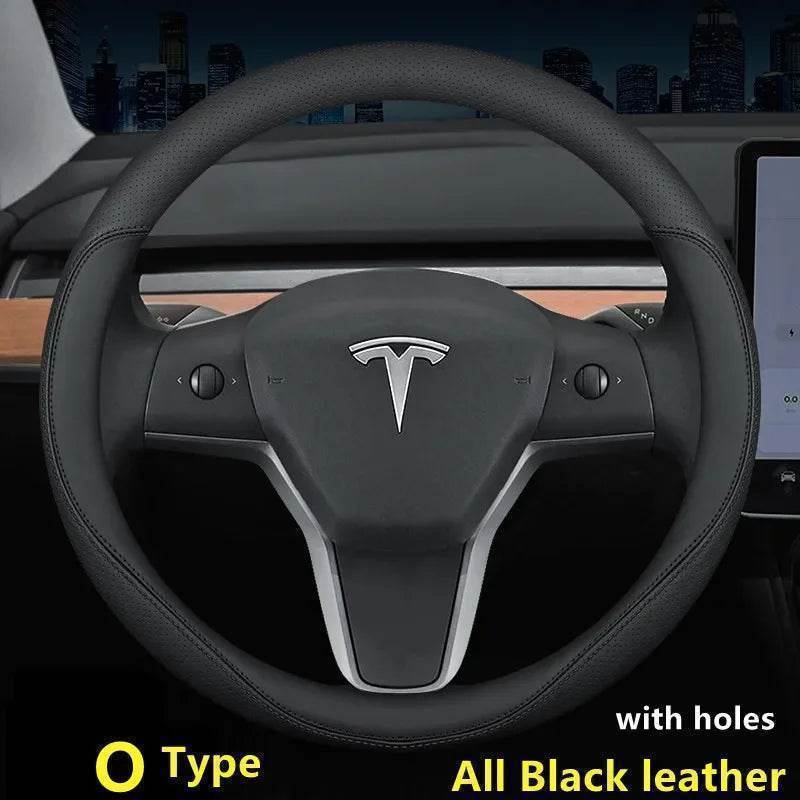 Tesla Premium Leather Steering Wheel Cover - 36 O BLACK