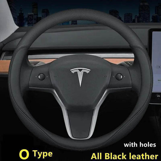 Tesla Premium Leather Steering Wheel Cover - 36 O BLACK