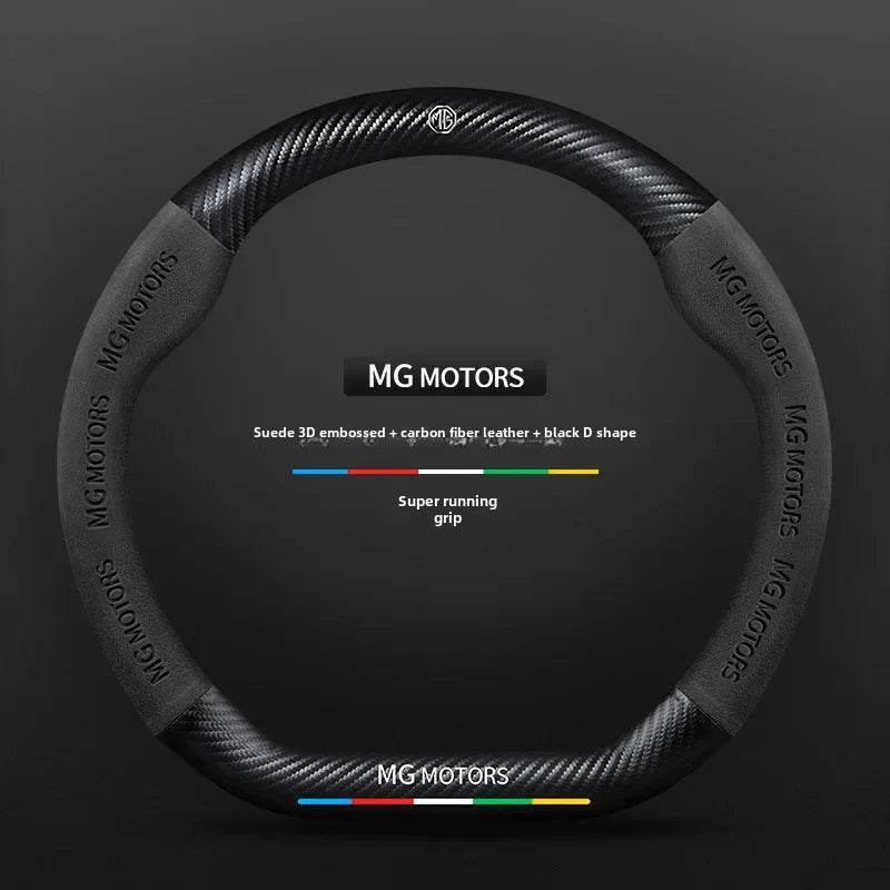 MG Carbon Fiber & Suede Steering Wheel Cover - Black Leather round