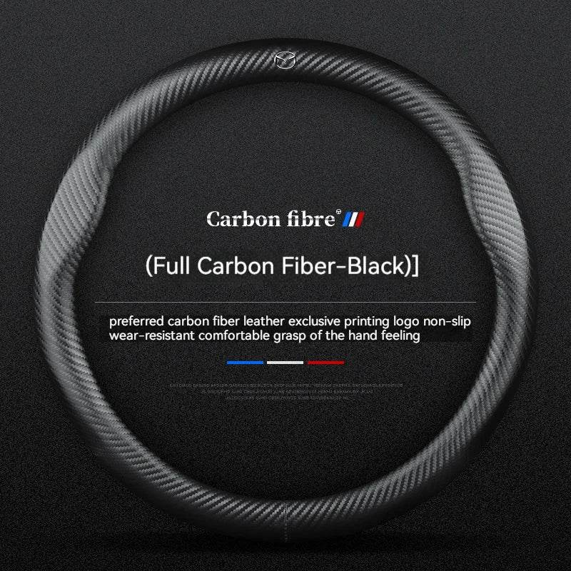 Mazda Carbon Fiber Leather Steering Wheel Cover – Fits 3, 5, 6, CX-5, CX-30, MX-5, RX-8, BT-50 - Carbon fiber