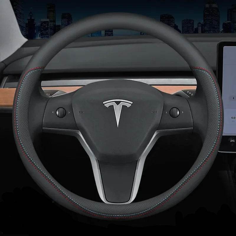 Tesla Premium Leather Steering Wheel Cover - 36 O BLACK