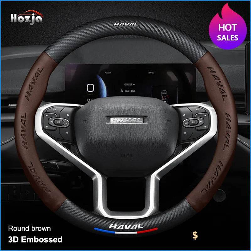Haval Carbon Fiber Leather Steering Wheel Cover - Type D Brown