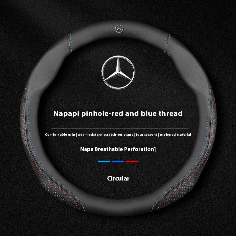 Mercedes Suede Leather Steering Wheel Cover - O Leather Blue Red