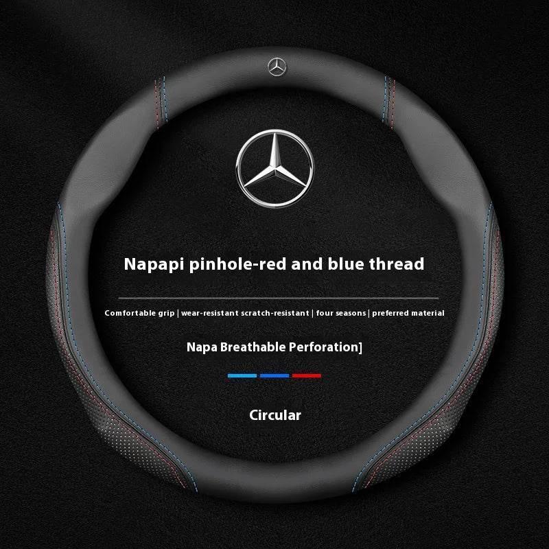 Mercedes Suede Leather Steering Wheel Cover - O Leather Blue Red