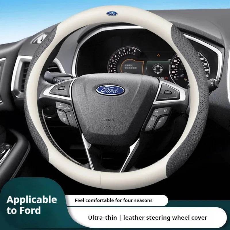Ford Carbon Fiber Leather Steering Wheel Cover - O White Style B